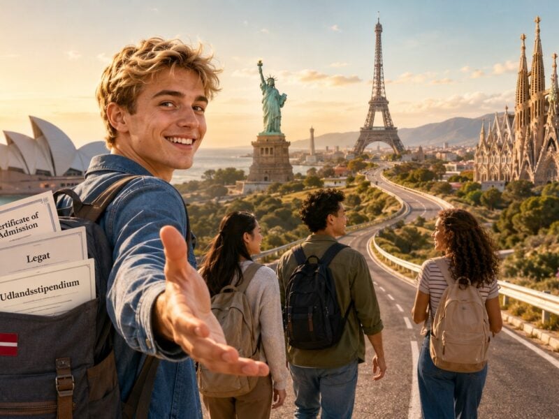 AI-genereret illustration af dansk studerende på vej mod internationale study abroad-destinationer med sine venner.